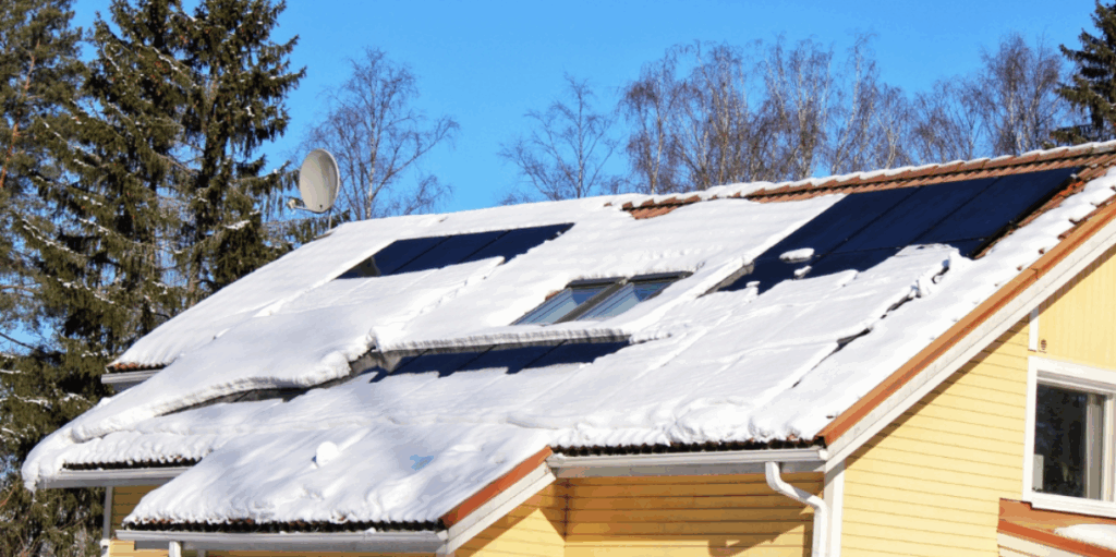 雪の積もった切妻屋根のソーラーパネルと青空。冬季でも発電可能な太陽光発電の雪対策シーンを表す写真