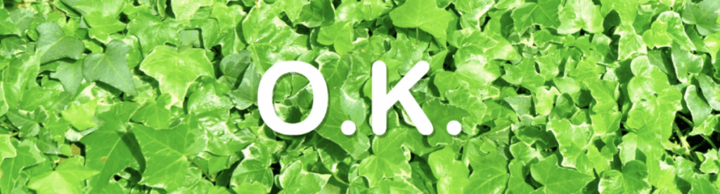 鮮やかな緑のアイビーの葉が一面に広がり、中央に白い文字で「O.K.」と表示されている画像